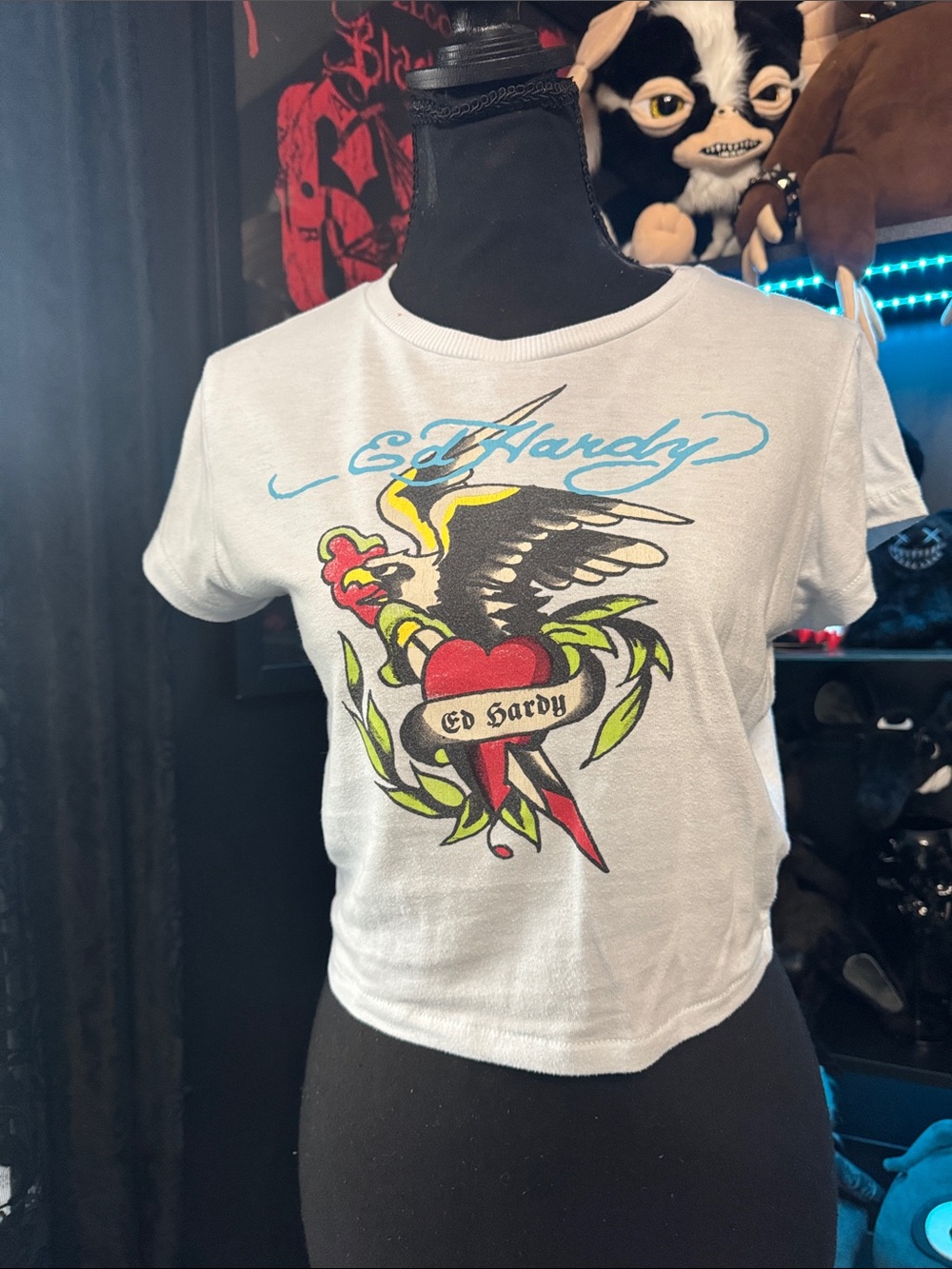 Ed Hardy Light Blue Tee with Eagle, Heart & Banner Graphic